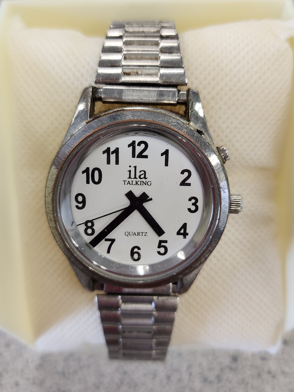 ILA Men's Silver 1-Button Talking Watch Low Vision Blind Quartz Stretch Band